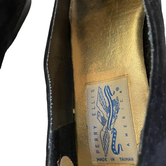 Vintage Perry Ellis Womens 8AA Black Suede Embroidered Red Floral Slip On Flats - Picture 4 of 16